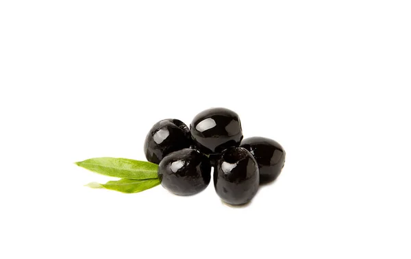Gustose Olive Nere Isolate Fondo Bianco Rami Ulivo Ulivo Tavolo — Foto Stock