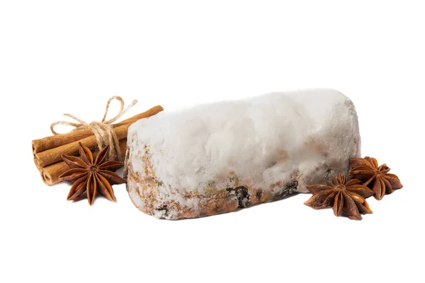Christmas Stollen Christmas Cake Isolated White Background Traditional Christmas Festive — Stock Photo, Image