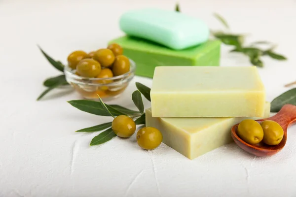 Natural Spa Olive Natural Soap Olive Berries Light Texture Background — Stock Photo, Image