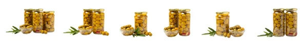 Lahodné Zelené Olivy Sklenici Izolované Bílém Pozadí Nakrájené Olivy Sklenici — Stock fotografie