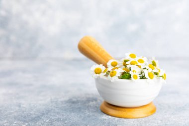 Havanda papatya çiçekleri ahşap bir masada. Şifalı bitkiler. Alternatif tıp. İyileşiyor. Homeopati. Doğal bitkisel kozmetik konsepti. Doğal çay. Uzayı kopyala Düz yatıyordu