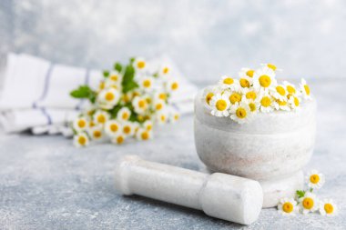 Havanda papatya çiçekleri ahşap bir masada. Şifalı bitkiler. Alternatif tıp. İyileşiyor. Homeopati. Doğal bitkisel kozmetik konsepti. Doğal çay. Uzayı kopyala Düz yatıyordu