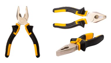 Kerpeten. Sarı ve siyah kerpeten beyaz arka planda izole edilmiş. Beyaz arka planda izole edilmiş elektrikli araç seti. Pankart tasarımı. Elektrikçi ekipmanı..