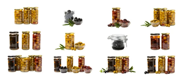 Delicious Black Green Red Olives Jar Isolated White Background Pickled — Stock Photo, Image