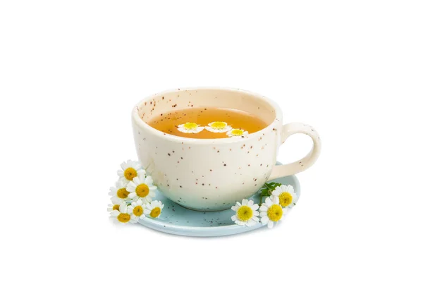 Pyszne Tonik Kojące Relaksujące Herbaty Rumianku Kwiatów Rumianku Izolowane Białym — Zdjęcie stockowe