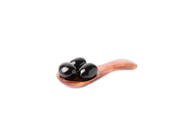 Tasty Black Olives Wooden Spoon Leaves Isolated White Background Vegan — Stock Photo, Image