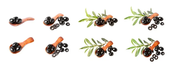 Chutné Černé Olivy Dřevěné Lžíci Listy Izolovanými Bílém Pozadí Vegan — Stock fotografie