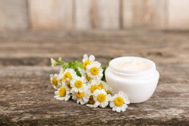 Ağaç zemin üzerinde papatya çiçeği olan yüz, vücut ve eller için açık bir krem kavanozu. Bitki dermatolojik kozmetik hijyen kremi. Doğal kozmetik ürünü. Güzellik konsepti. Kozmetik tüpü..