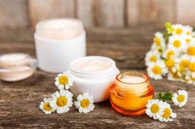Ağaç zemin üzerinde papatya çiçeği olan yüz, vücut ve eller için açık bir krem kavanozu. Bitki dermatolojik kozmetik hijyen kremi. Doğal kozmetik ürünü. Güzellik konsepti. Kozmetik tüpü..