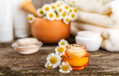Ağaç zemin üzerinde papatya çiçeği olan yüz, vücut ve eller için açık bir krem kavanozu. Bitki dermatolojik kozmetik hijyen kremi. Doğal kozmetik ürünü. Güzellik konsepti. Kozmetik tüpü..