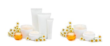 Beyaz arka planda izole edilmiş papatya çiçekli bir kavanoz vücut ve el kremi. Bitki dermatolojik kozmetik hijyen kremi. Doğal kozmetik ürünü. Güzellik konsepti. Kozmetik tüpü..