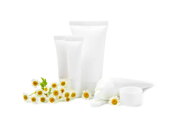 Jar Body Hand Cream Chamomile Flower Isolated White Background Herbal — Stock Photo, Image
