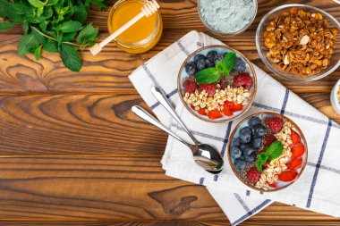 Bir kase granola yoğurt ve dokuma masasında taze böğürtlen. Yoğurt böğürtlen, acai kasesi, spirulina kasesi. Sağlıklı yemek, dengeli kahvaltı. Çilek, yabanmersini, kivi, şeftali, badem ve chia.. 