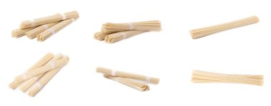 Funchoza. Kurutulmuş çiğ pirinç eriştesi ve beyaz zemin üzerinde izole edilmiş pirinç unlu erişte. Diyet yemek. Sağlıklı yiyecekler. Tasarım