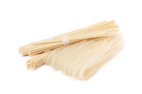 Funchoza Αποξηραμένο Ωμό Ρύζι Noodles Και Ρύζι Που Απομονώνονται Λευκό — Φωτογραφία Αρχείου