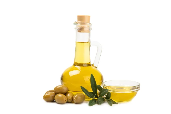Bottle Fresh Olive Oil Olives Leaves Isolated White Background Fragrant — Stock Photo, Image