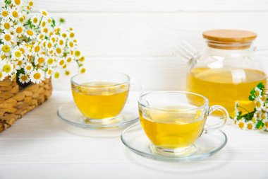 Arka planda taze papatya çiçekleri olan bitki çayı. Sakinleştirici ve rahatlatıcı bir içecek. Dokunulmazlık. Bir fincan sıcak papatya çayı. Çay içme konsepti. Çay seremonisi. Metin için yer, kopyalama alanı.