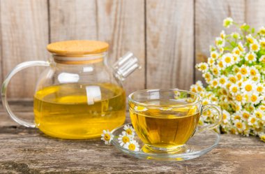 Arka planda taze papatya çiçekleri olan bitki çayı. Sakinleştirici ve rahatlatıcı bir içecek. Dokunulmazlık. Bir fincan sıcak papatya çayı. Çay içme konsepti. Çay seremonisi. Metin için yer, kopyalama alanı.