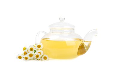 Beyaz arka planda taze papatya çiçekli bitki çayı. Sakinleştirici ve rahatlatıcı bir içecek. Dokunulmazlık. çaydanlık sıcak papatya çayı. Çay içme konsepti. Çay töreni..