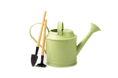 Green watering can for watering plants isolated on white background.