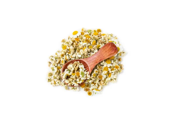 Dry Chamomile Flowers Wooden Spoon Isolated White Background Soothing Chamomile — Stock Photo, Image