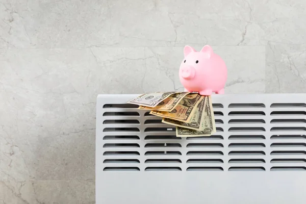 Sparkonzept Geld Sparschwein Auf Heizkörper Mit Temperaturregler Auf Grauem Wandhintergrund — Stockfoto