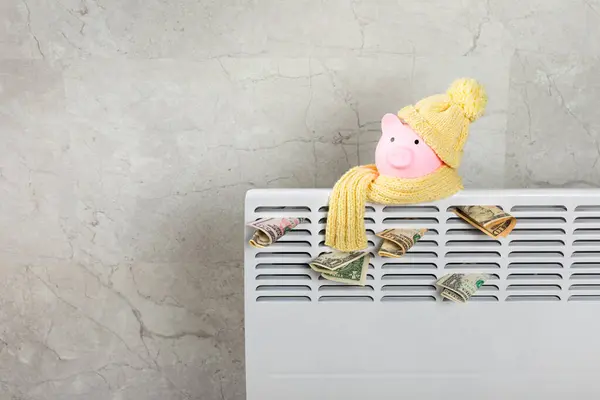 Conceito Poupança Dinheiro Banco Porquinho Radiador Com Regulador Temperatura Fundo — Fotografia de Stock