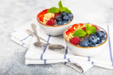 Bir kase granola yoğurt ve dokuma masasında taze böğürtlen. Yoğurt böğürtlen, acai kasesi, spirulina kasesi. Sağlıklı yemek, dengeli kahvaltı. Çilek, yabanmersini, kivi, şeftali, badem ve chia..