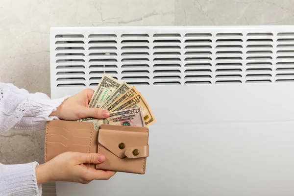 家用中央加热系统 取暖散热器电池上的欧元和美元钞票 冬季冷季取暖费用昂贵和能源价格上涨的概念 复制空间 — 图库照片
