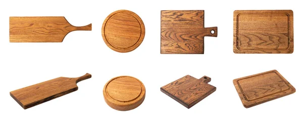 在白色背景上隔离的木制切割板 一套拼贴的剪贴板 木制厨房板 Design Mockup 厨房用具 — 图库照片