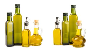 Beyaz arka planda izole edilmiş bir şişede zeytin yağı. Zeytin dallı ve meyveli yağ şişesi. Mesaj için yer. kopyalama alanı. Yemek yağı ve salata sosu..