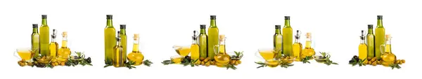 Olivový Olej Láhvi Izolované Bílém Pozadí Láhev Oleje Větvemi Plody — Stock fotografie