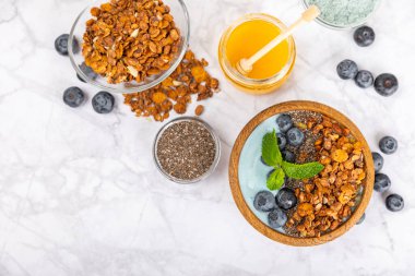 Granola kasesi. Yulaf ezmeli yoğurt, taze böğürtlen, spirulina ve chia çekirdeği. Sağlıklı yiyecekler. Lezzetli bir kahvaltı. Çilekli yoğurt, ahududu, yabanmersini, şeftali, nane ve mendal. Boşluğu kopyala.