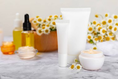 Papatya spası. Papatya çiçekleri, el yapımı sabun, temel yağ kozmetik şişesi, vücut kremi, ovalama ve beyaz desenli deniz tuzu karışımı. Rahatlatıcı güzellik tedavileri. Boşluğu kopyala