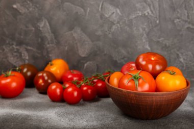 Mermer desenli domatesler. Çeri domatesleri, sarı, pembe, kahverengi ve siyah domatesler bir kasede. Organik sebzeler, hasat. Vejetaryen. Taze olgun domatesler. Boşluğu kopyala.