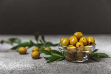 Dokulu arka planda yeşil ve siyah zeytin. Farklı türde zeytin ve taze zeytin yapraklı zeytin yağları. Lezzetli. Akdeniz mutfağı. Boşluğu kopyala.