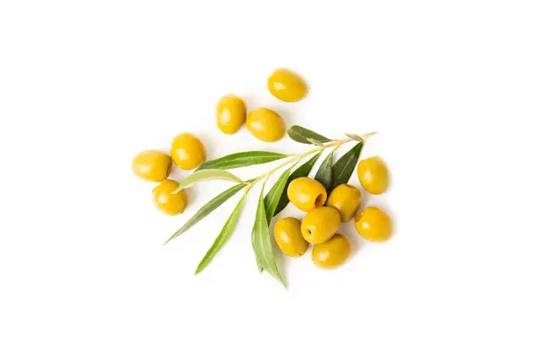 Deliziose Olive Verdi Isolate Sfondo Bianco Rami Ulivo Ulivo Tavolo — Foto Stock