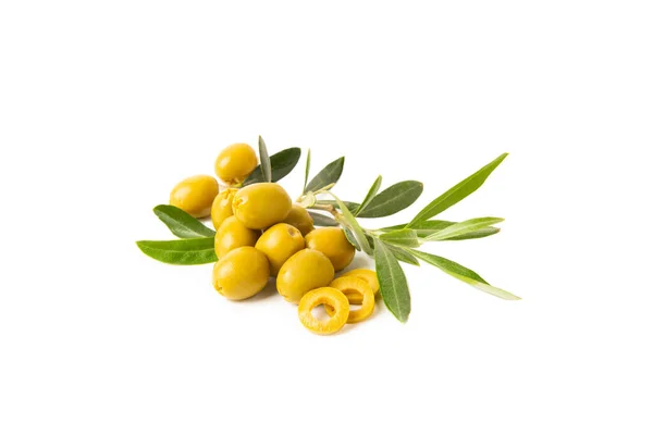 Deliziose Olive Verdi Isolate Sfondo Bianco Rami Ulivo Ulivo Tavolo — Foto Stock
