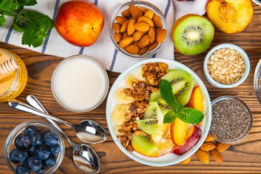 Bir kase granola yoğurt ve dokuma masasında taze böğürtlen. Yoğurt böğürtlen, acai kasesi, spirulina kasesi. Sağlıklı yemek, dengeli kahvaltı. Çilek, yabanmersini, kivi, şeftali, badem ve chia..