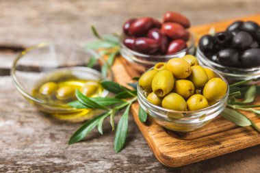 Arka planda yeşil, kırmızı ve siyah zeytin seti. Kâselerde çeşitli zeytin ve taze zeytin yaprakları. Vejetaryen. Zeytin meyveleri. Mesaj için yer. Boşluğu kopyala