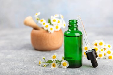 Eski ahşap arka planda papatya yağı bulunan cam şişe. Papatya çiçekleri, yaklaşın. Aromaterapi, spa ve bitkisel ilaç malzemeleri. Güzellik konsepti. Uzayı kopyala. Doğal Kozmetik