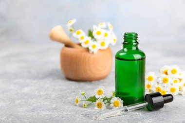 Eski ahşap arka planda papatya yağı bulunan cam şişe. Papatya çiçekleri, yaklaşın. Aromaterapi, spa ve bitkisel ilaç malzemeleri. Güzellik konsepti. Uzayı kopyala. Doğal Kozmetik