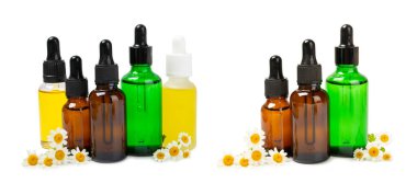 Beyaz arka planda izole edilmiş papatya yağı içeren cam şişe. Papatya çiçekleri, yaklaşın. Aromaterapi, spa ve bitkisel ilaç malzemeleri. Güzellik konsepti. Doğal Kozmetik