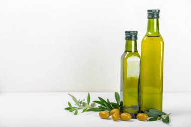 Doku arka planında bir şişe zeytinyağı. Yağ şişesi ve dallı bir kase ve zeytin meyvesi. Mesaj için yer. kopyalama alanı. Yemek yağı ve salata sosu..