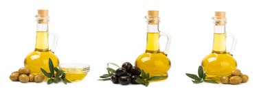 Beyaz arka planda izole edilmiş bir şişede zeytin yağı. Zeytin dallı ve meyveli yağ şişesi. Yemek yağı ve salata sosu..