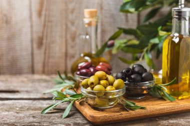 Arka planda yeşil, kırmızı ve siyah zeytin seti. Kâselerde çeşitli zeytin ve taze zeytin yaprakları. Vejetaryen. Zeytin meyveleri. Mesaj için yer. Boşluğu kopyala.
