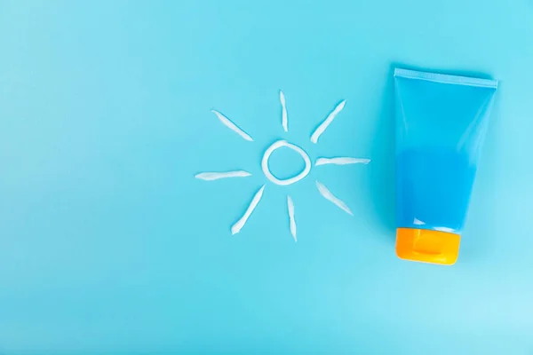 Sunscreen on background. SPF cream. Sun protection. UV protection. Summer. The concept of rest and vacation. Summer mood. Design. MOCKUP. Shopping concept.