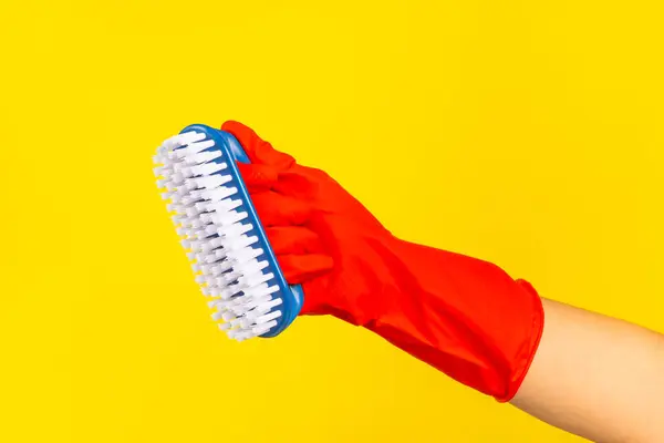 Brush for cleaning in hand. Women\'s hand cleaning on a colored background. Cleaning or housekeeping concepts.