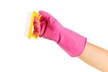 Eldeki temizlik için fırça. Beyaz arka planda izole edilmiş kadın el temizliği. Temizlik ya da temizlik kavramları.