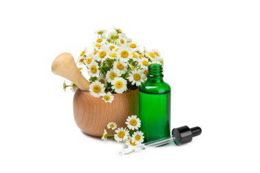 Beyaz arka planda izole edilmiş papatya yağı içeren cam şişe. Papatya çiçekleri, yaklaşın. Aromaterapi, spa ve bitkisel ilaç malzemeleri. Güzellik konsepti. Doğal Kozmetik